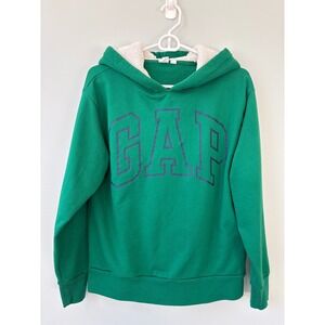 GAP Green Sherpa Lined Hoodie Pullover Logo Spell Out Sweatshirt Preppy Size M‎
